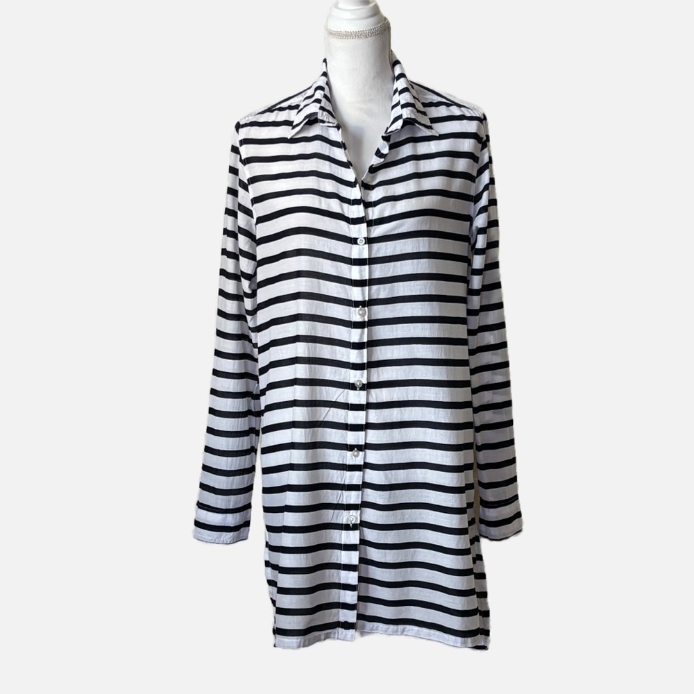 Lauren Ralph Lauren Cotton Striped Swim Coverup Button Front Shirt Womens Large